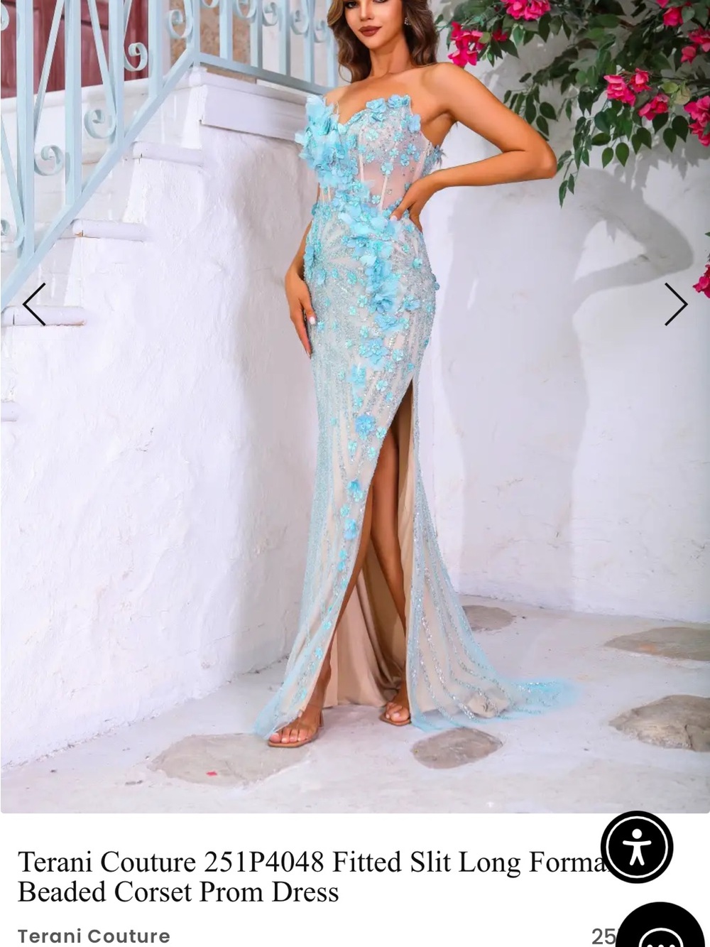 Terani Couture Ice Blue Beaded Corset Slit Prom Gown